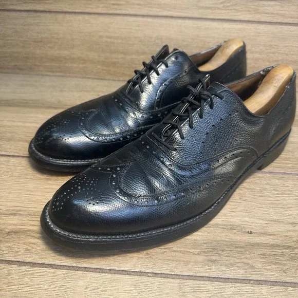 Vintage 70s Allen Edmonds Harwood Wingtip Oxford Black Pebbled Calf Shoes Sz 10A